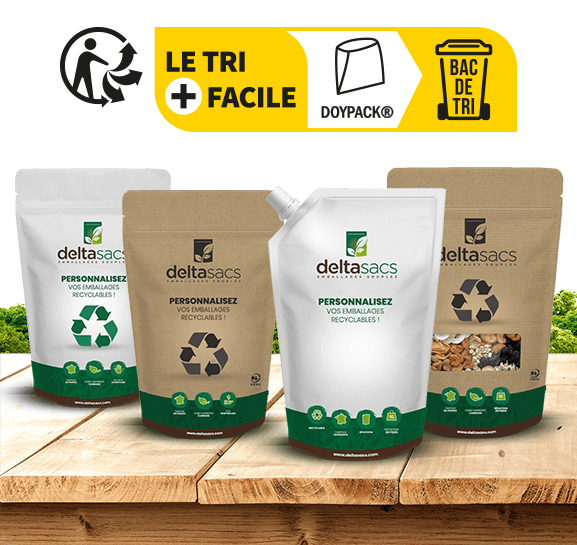 Un Doypack® kraft film recyclable à l’image de votre entreprise par Deltasacs, spécialiste en emballage souple éco responsable